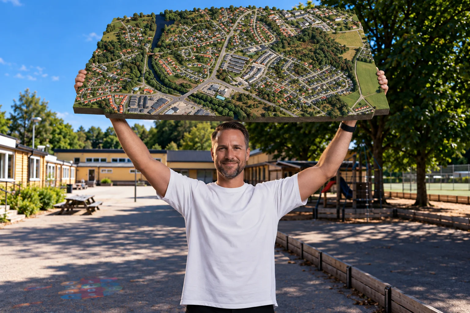 Dennis Akerstorp håller en modell av bostadsområdet Åkerstorp.